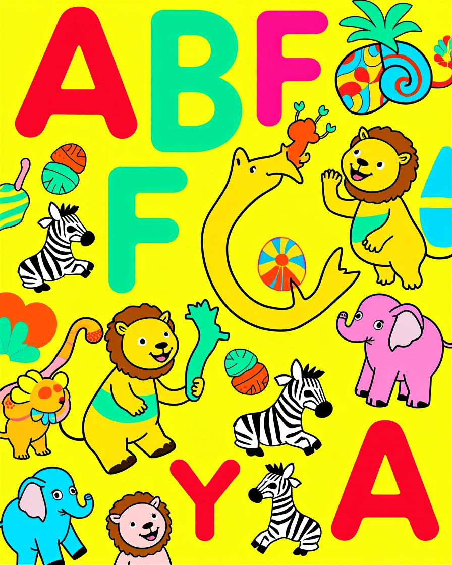 Alphabet Jungle Animals Yellow Cartoon Rug