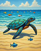 Coastal Turtle With Blue Fish Ocean Scene Rug