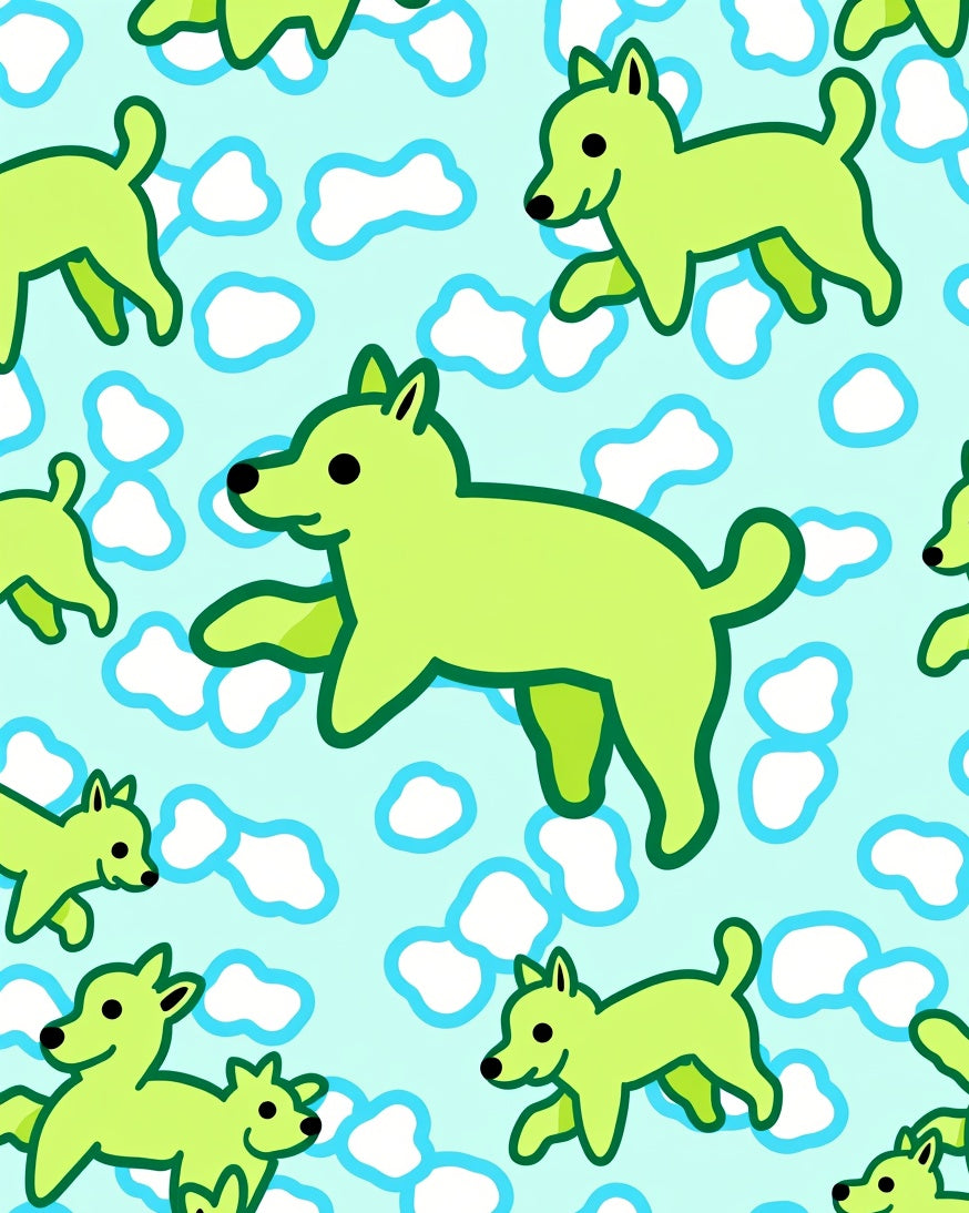 Playful Lime Green Dogs Cloudscape Rug