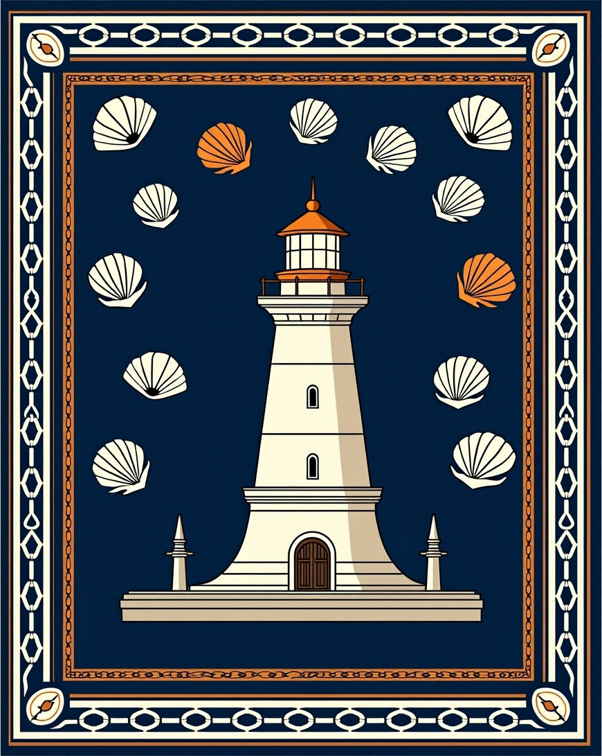Coastal Lighthouse and Seashells Navy Orange Rug