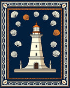 Coastal Lighthouse and Seashells Navy Orange Rug