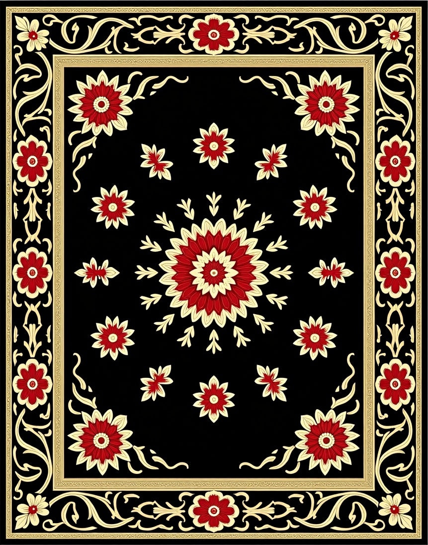 Black Floral Medallion Crimson Flower Rug