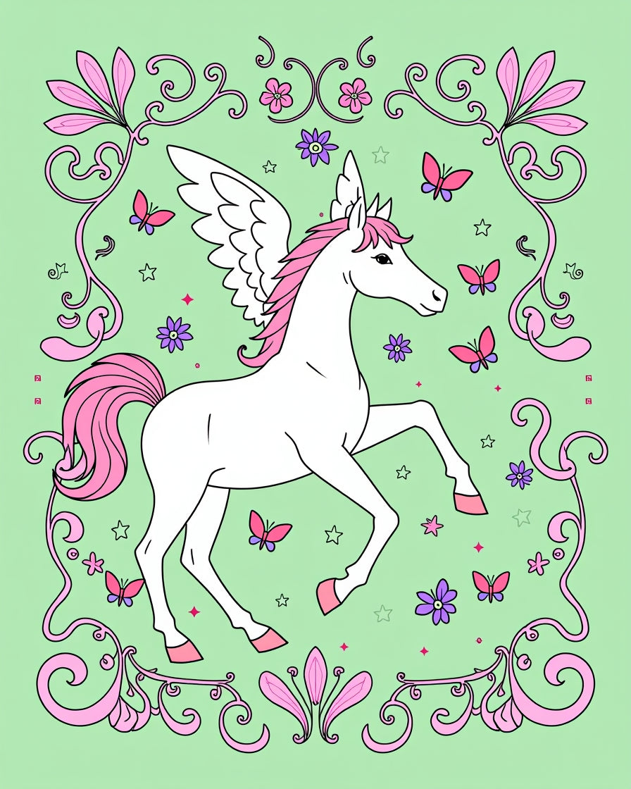 Whimsical Pink Pegasus Butterfly Floral Rug