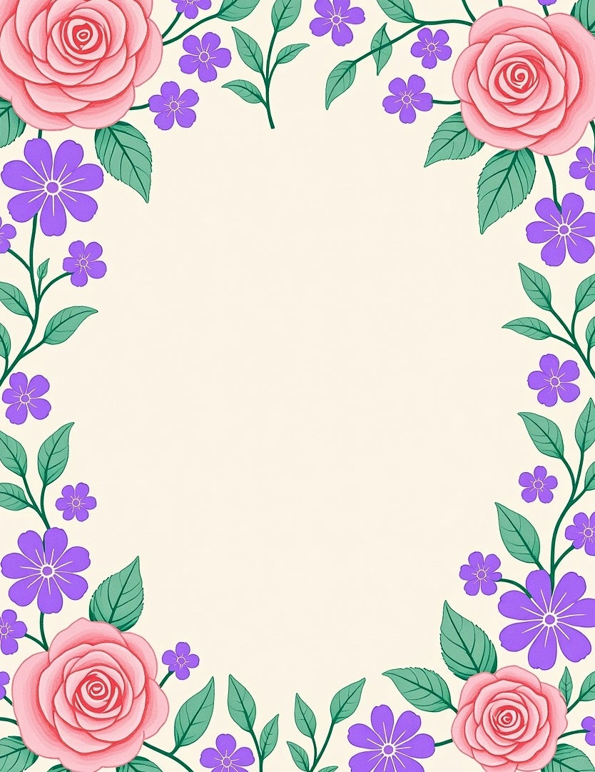 Pink Roses Purple Blossoms Floral Border Rug