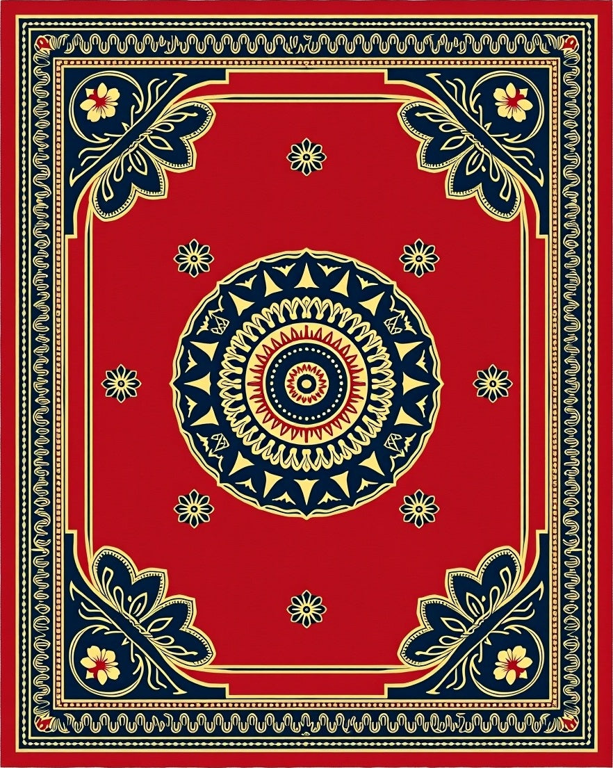 Vibrant Red Golden Floral Medallion Rug