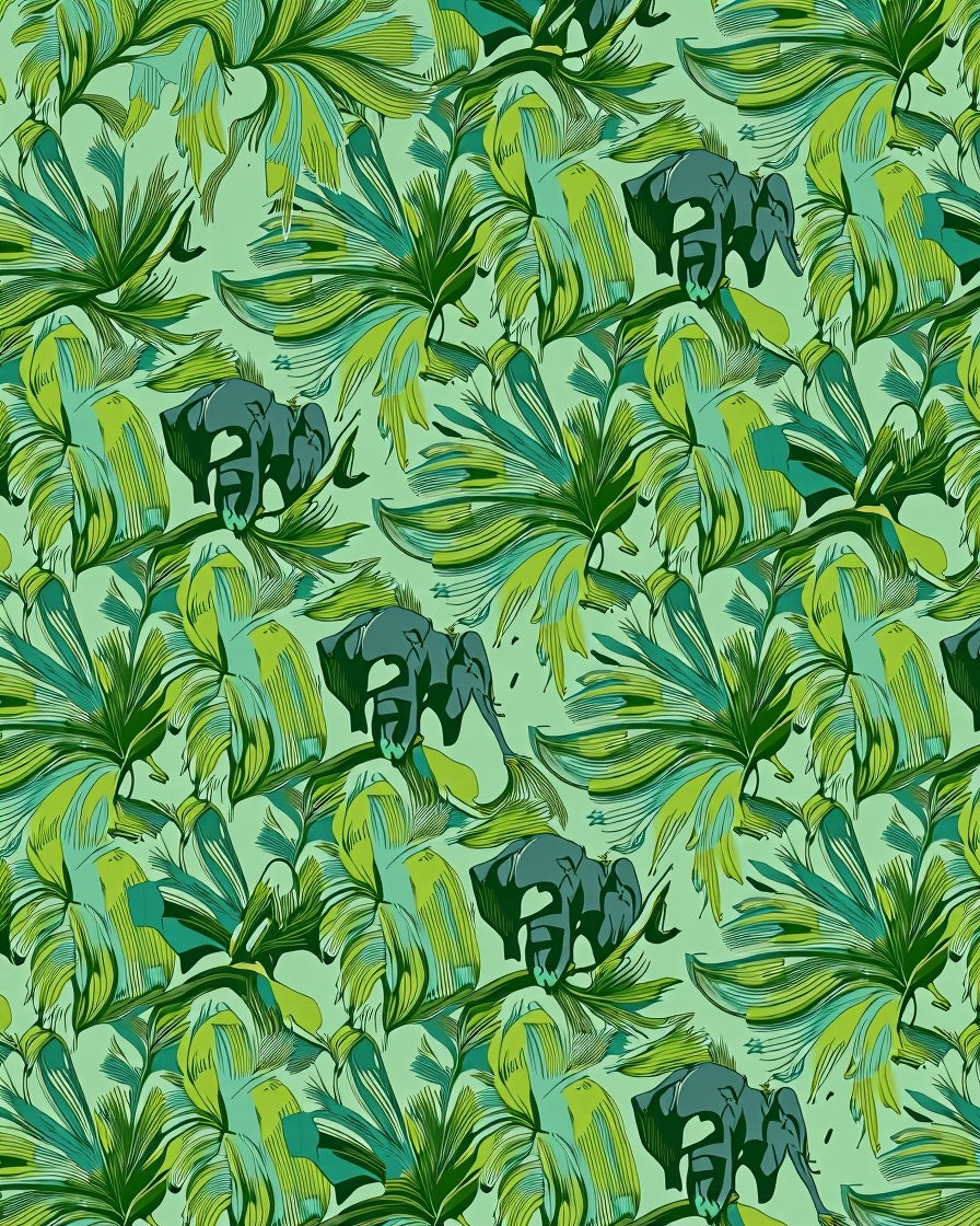 Verdant Jungle Elephants Tropical Foliage Rug