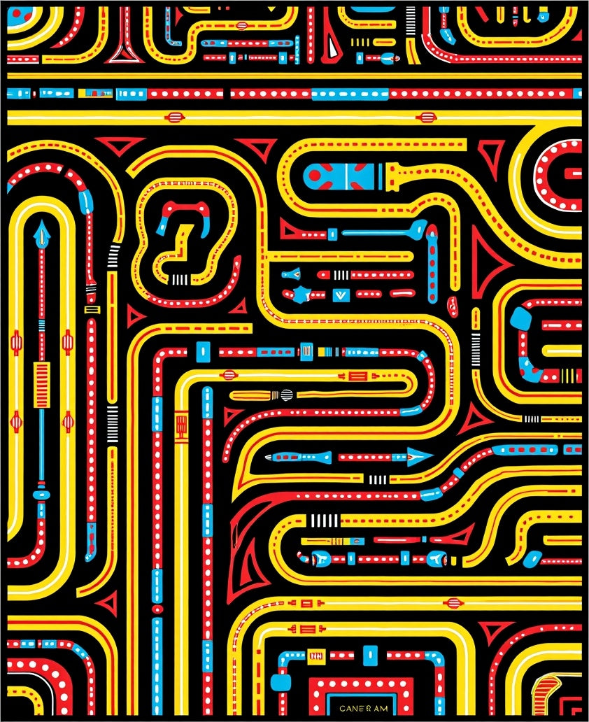 Bold Red Yellow Blue Circuit Road Rug