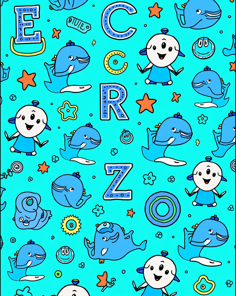 Whimsical Blue Ocean Animals Alphabet Rug