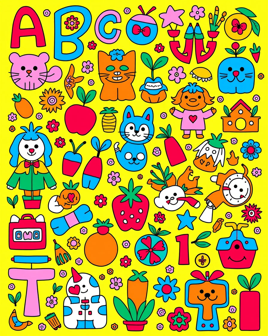 Whimsical Cartoon Garden Animals Fruit ABC Rug