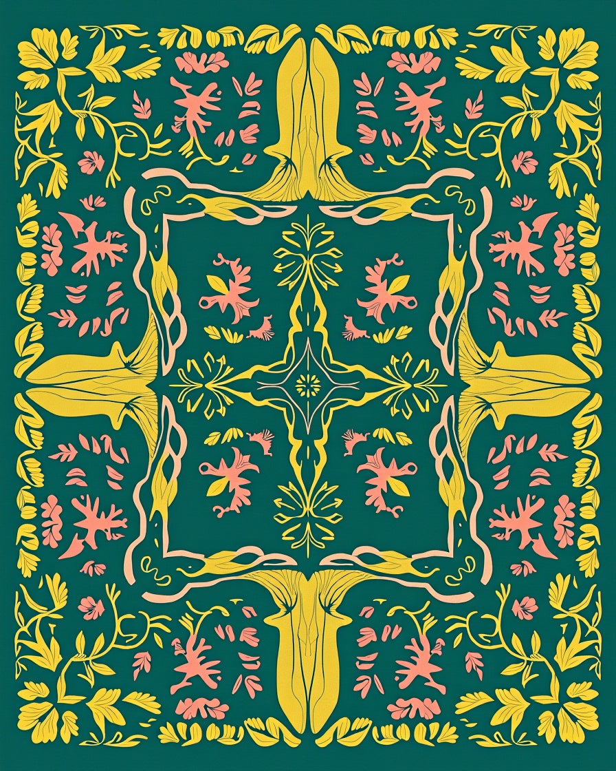 Emerald Golden Peach Floral Lattice Rug