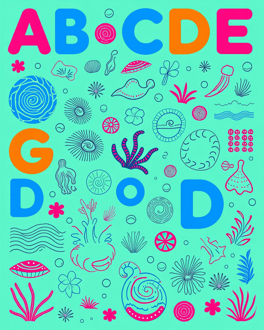 Teal Pink Blue Ocean Alphabet Collage Rug
