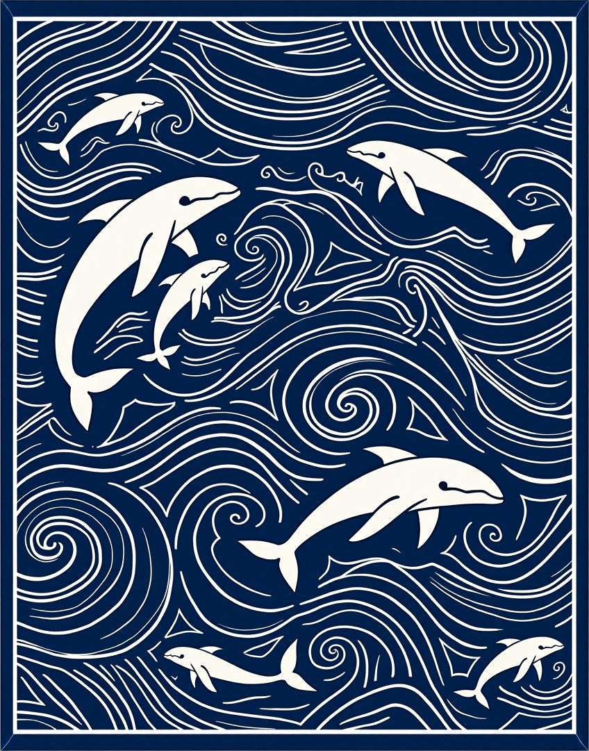 Navy White Dolphin Ocean Swirls Rug