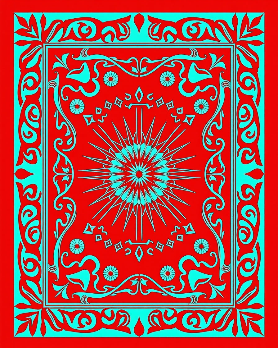 Crimson Blue Sunburst Ornate Rug