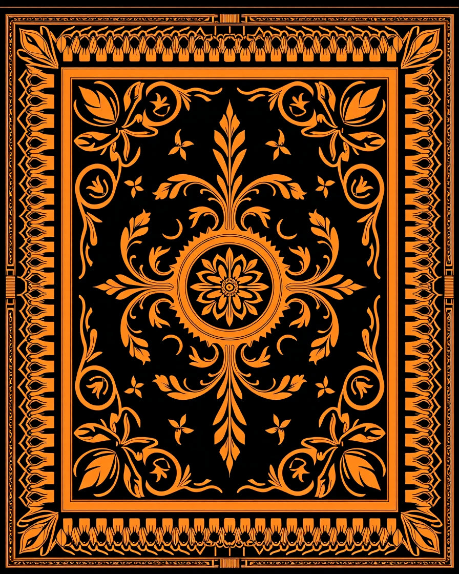 Orange Floral Medallion Black Rug