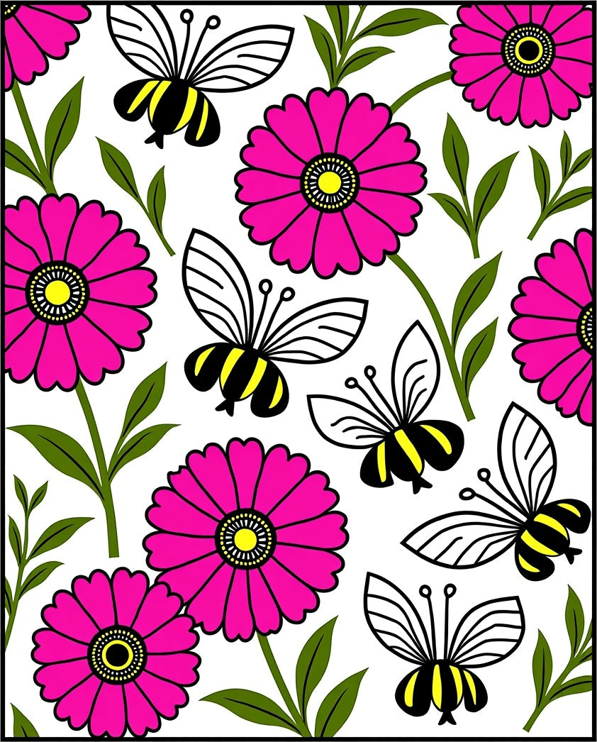 Pink Floral Bee Garden Whimsy Rug