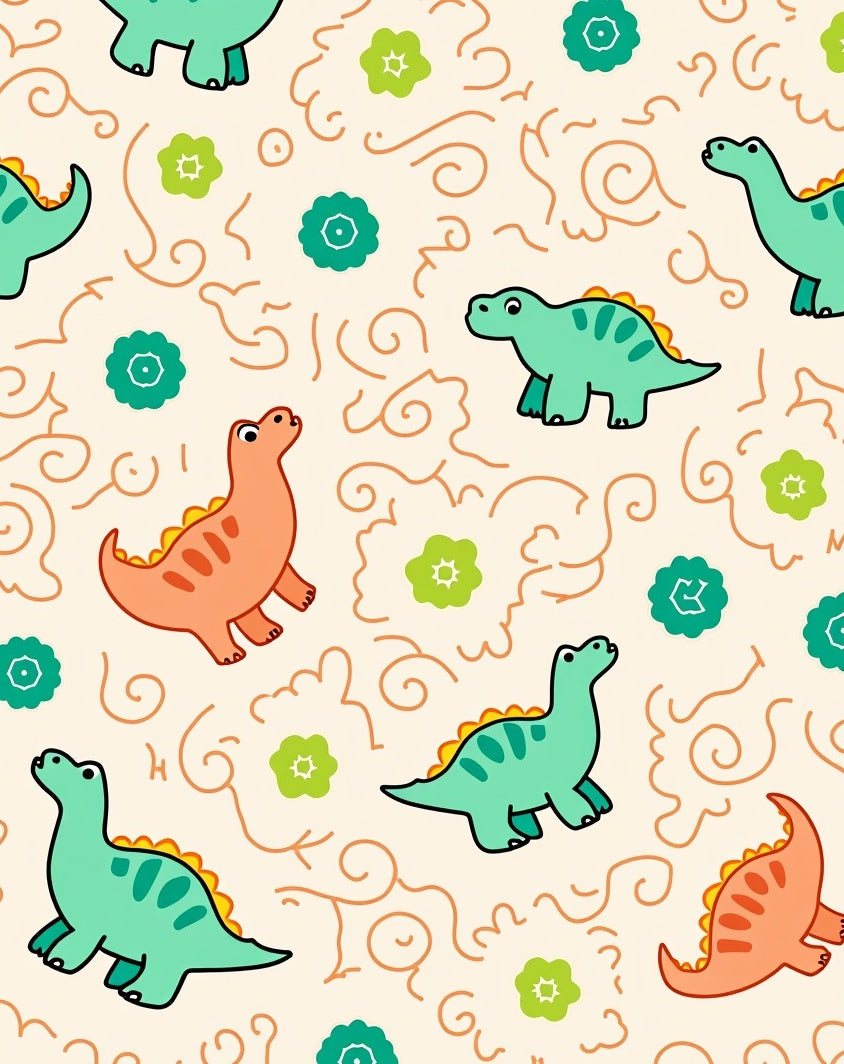 Cartoon Dinosaurs With Floral Accents Rug