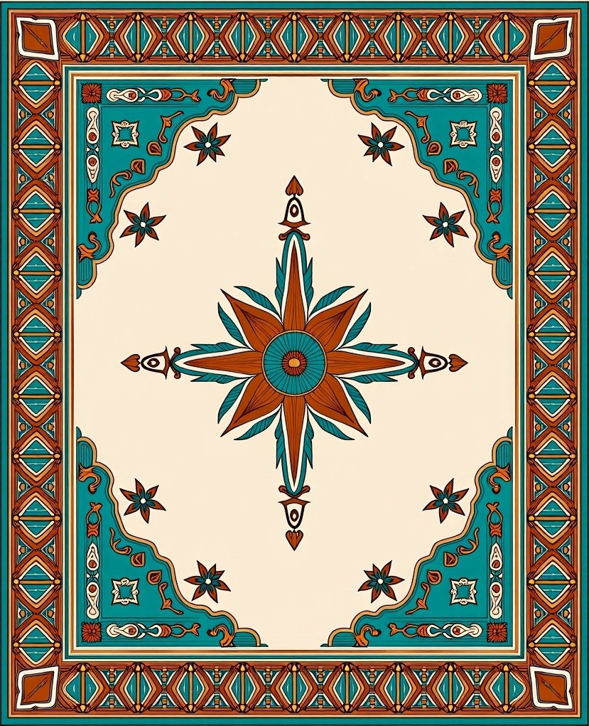 Terracotta Teal Floral Central Star Rug