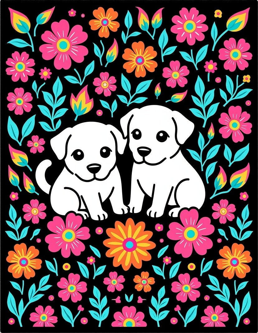 Bright Floral Dogs With Teal Accents Rug