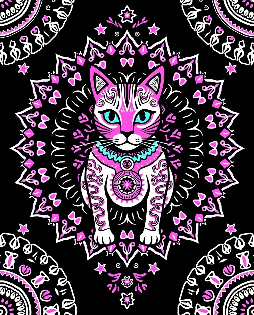 Pink Feline Mandala Art Rug