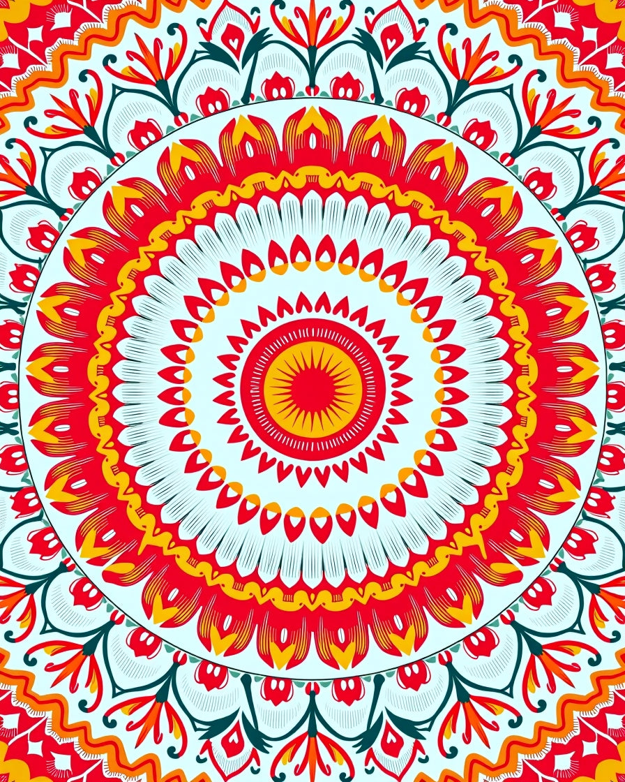 Vibrant Red Yellow Sunburst Mandala Rug