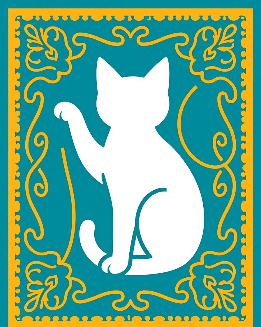 Teal White Whimsical Cat Border Rug