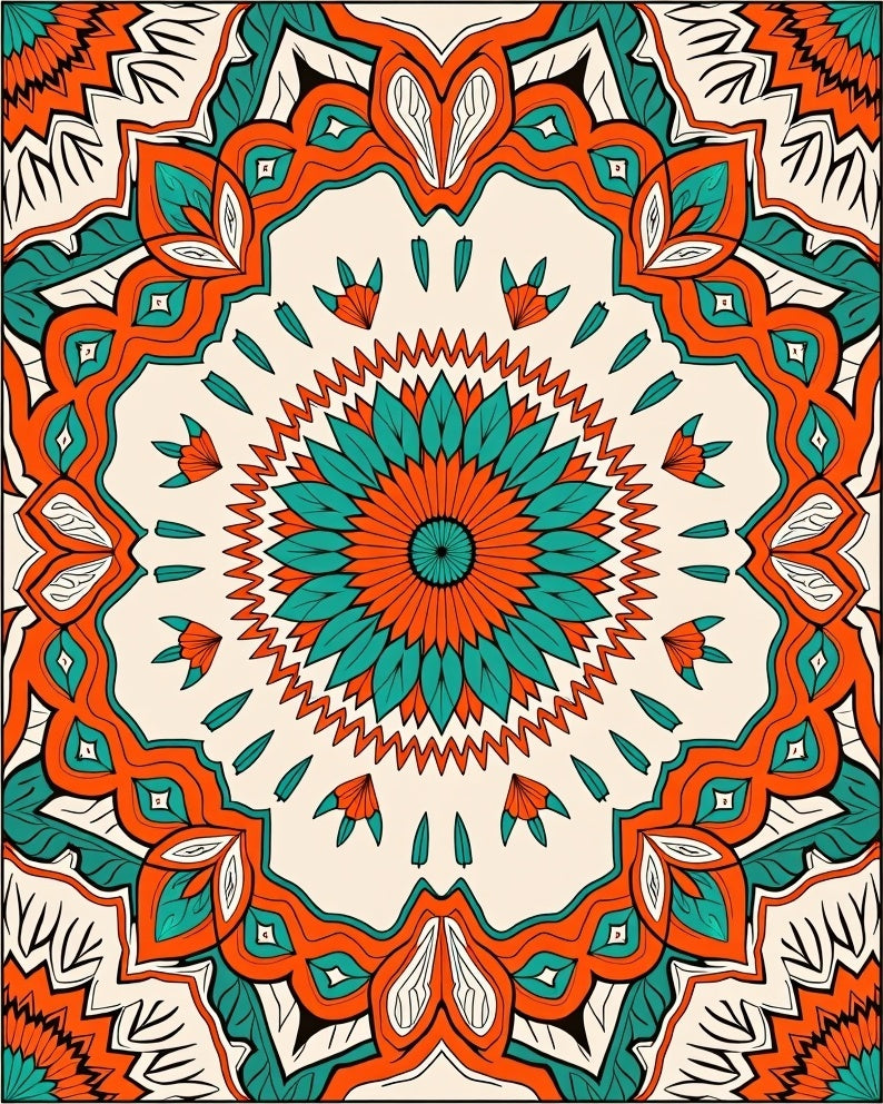 Orange Teal Floral Medallion Art Rug