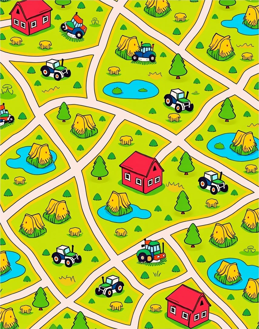 Whimsical Farm Landscape Tractors and Houses Rug