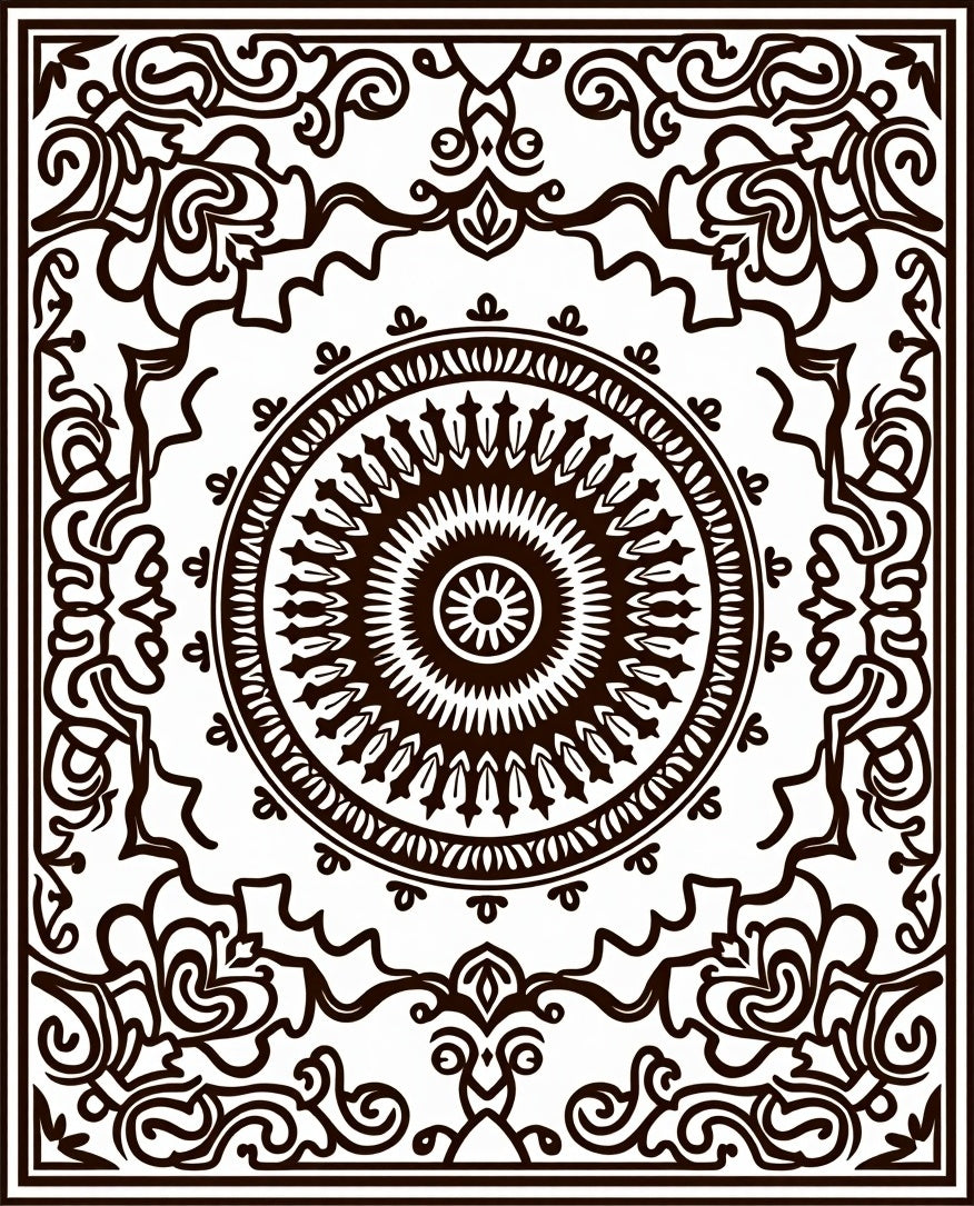 Ornate Black and White Mandala Border Rug