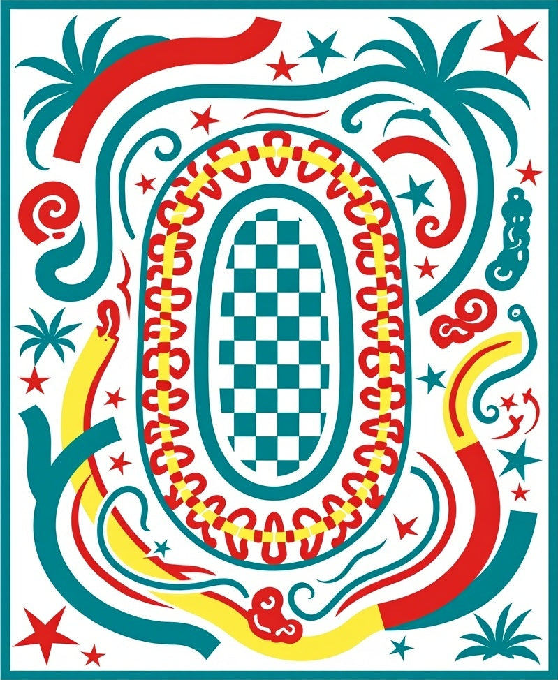 Tropical Checkerboard Oval Red Teal Rug