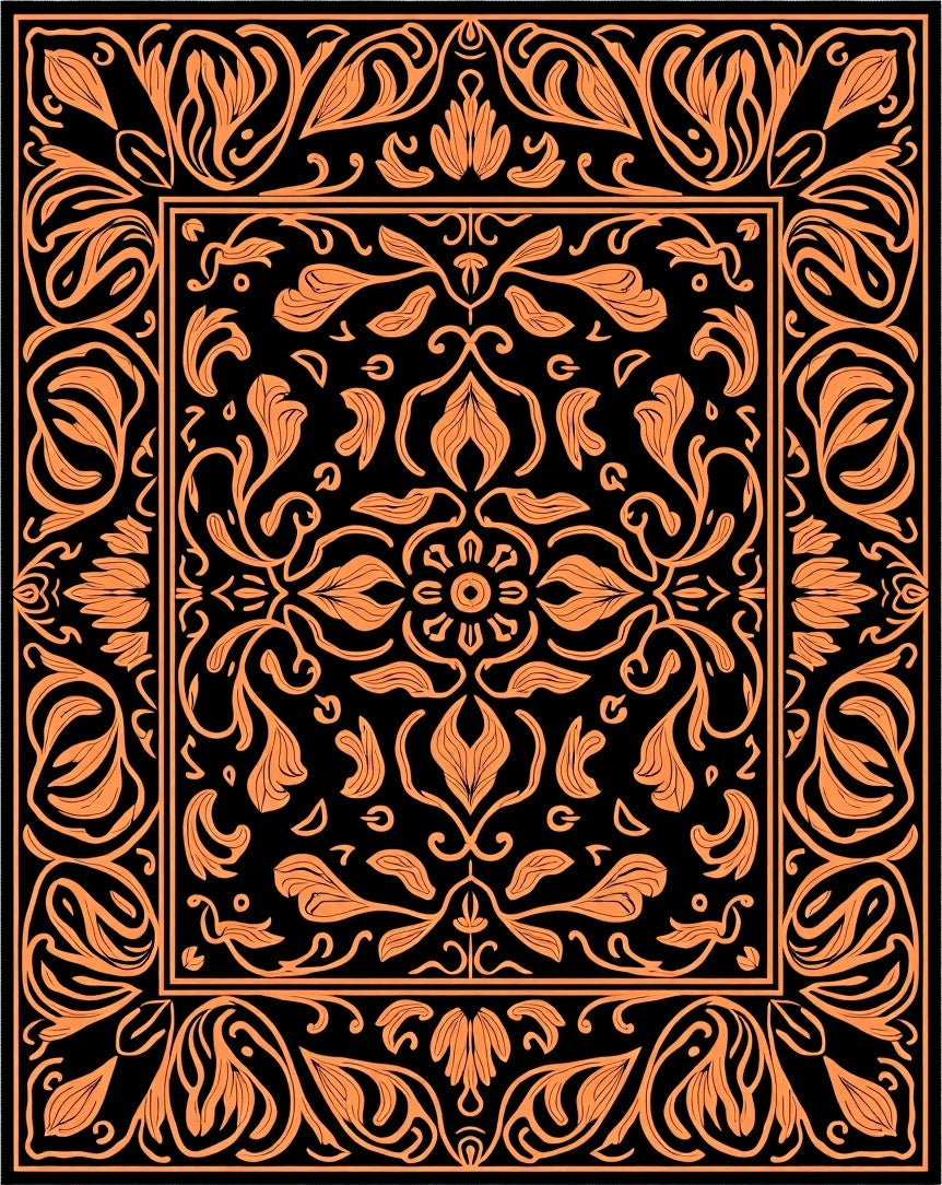 Orange Floral Medallion Black Rug