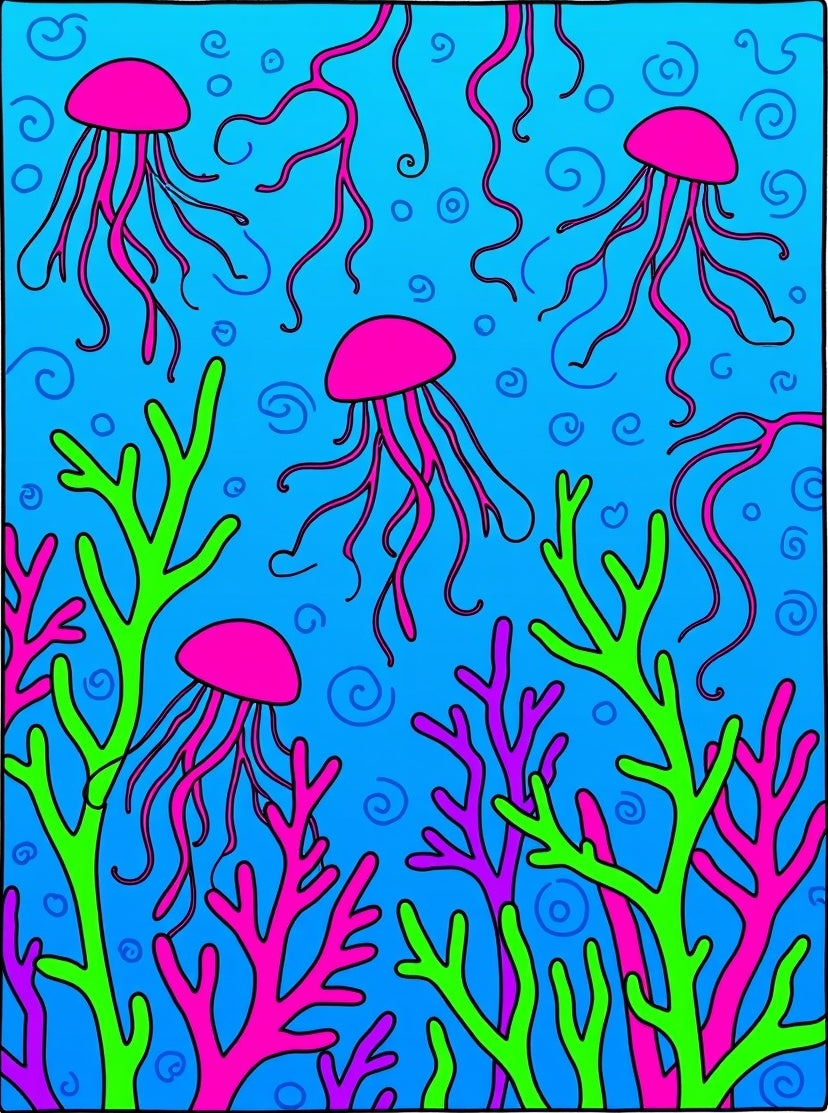 Vibrant Pink Jellyfish Blue Coral Swirls Rug