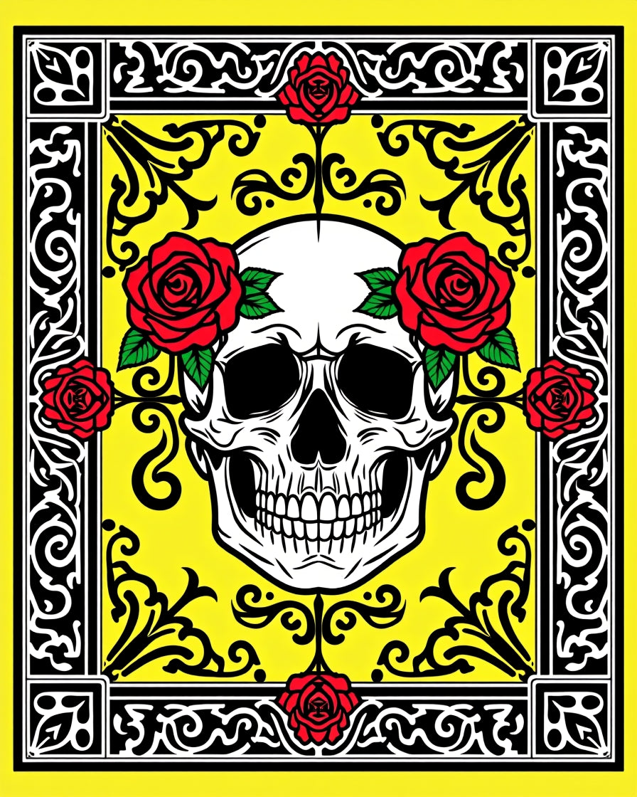 Bold Red Rose Skull Yellow Floral Rug