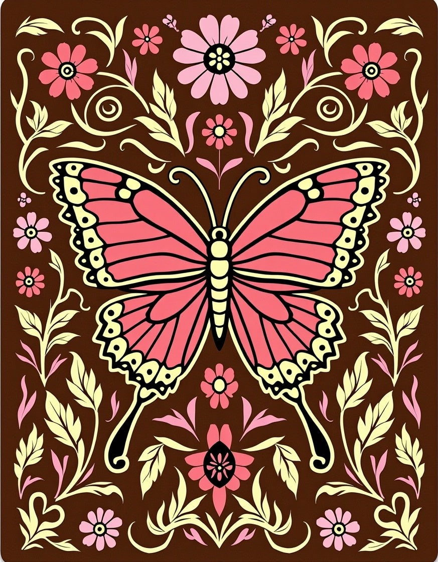 Pink Butterfly Floral Swirl Brown Rug