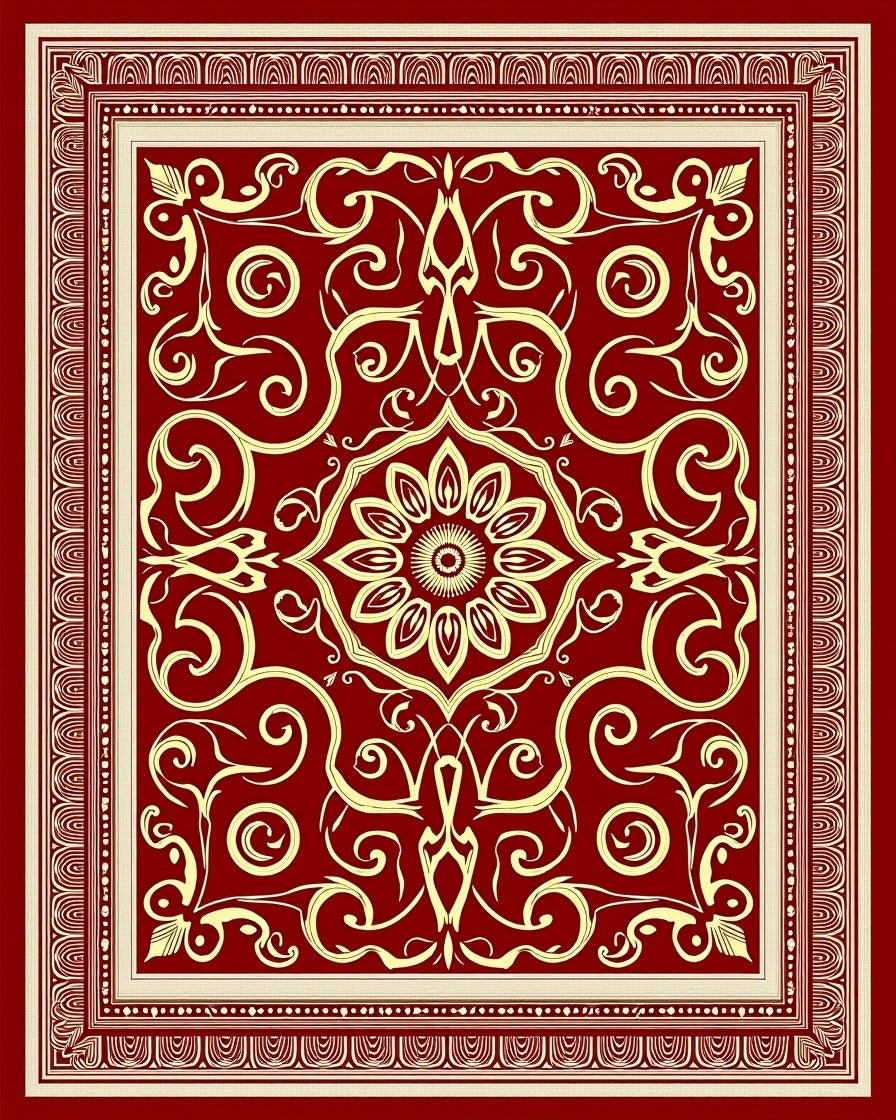 Rich Crimson Golden Scroll Medallion Rug