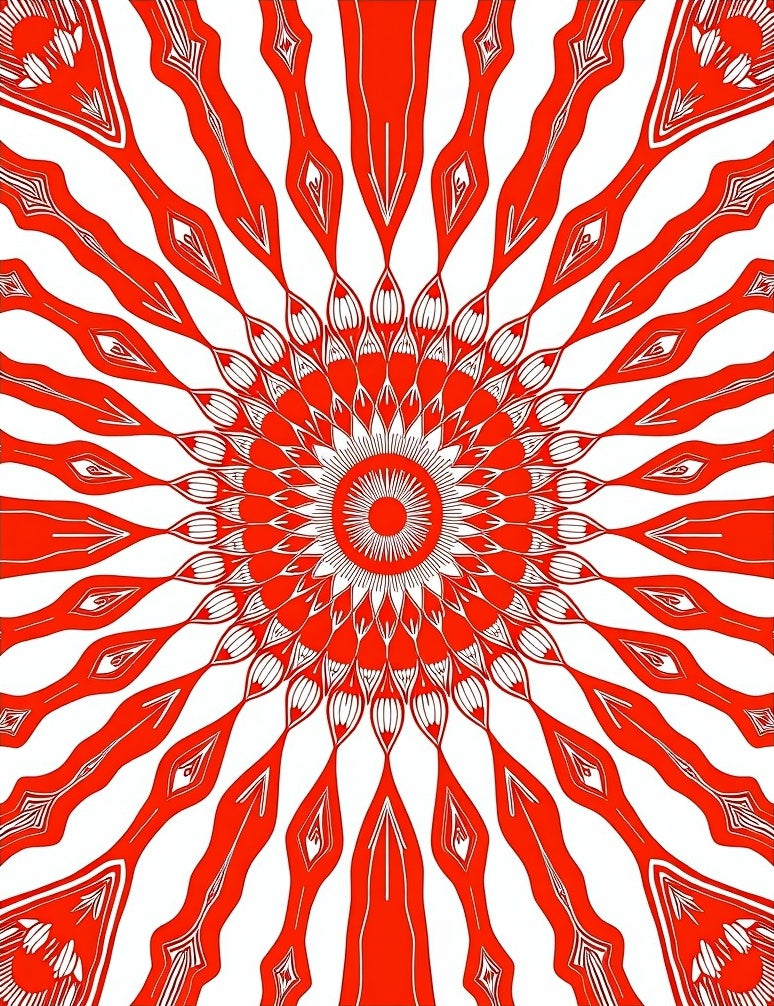 Vibrant Red Sunburst Kaleidoscope Rug