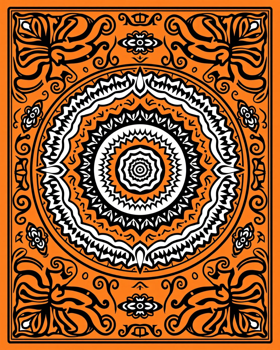 Vibrant Orange Black Mandala Medallion Rug