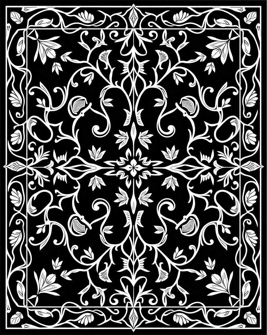 White Floral Arabesque Black Rug