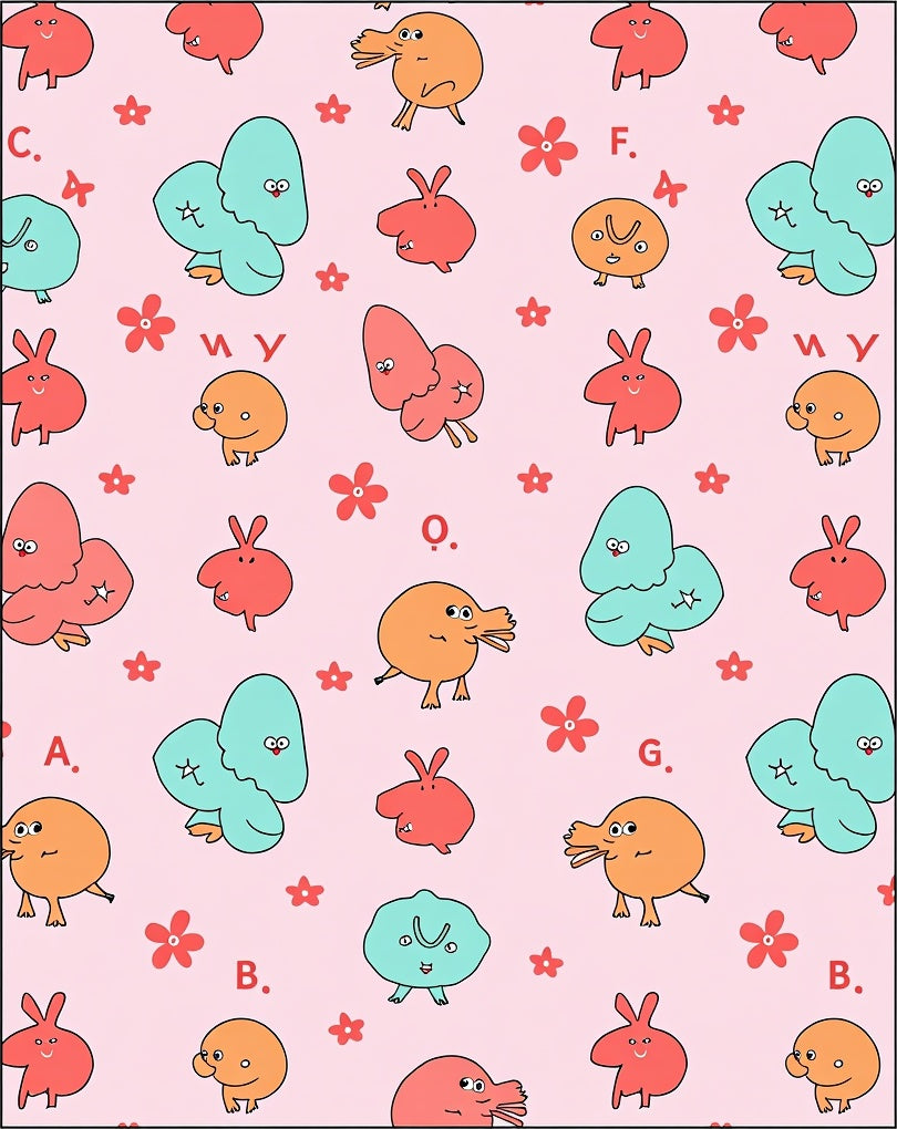 Playful Pink Cartoon Critter Meadow Rug