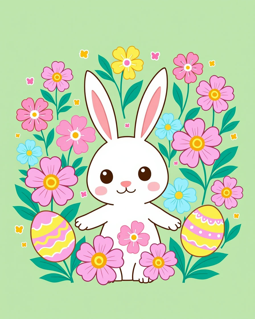 Cute White Rabbit Pink Yellow Floral Easter Rug