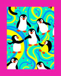 Playful Penguins Teal Yellow Swirl Background Rug