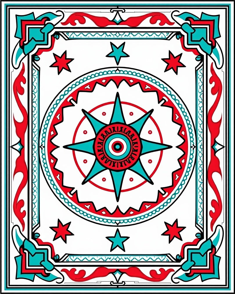 Red Turquoise Starburst Medallion Border Rug