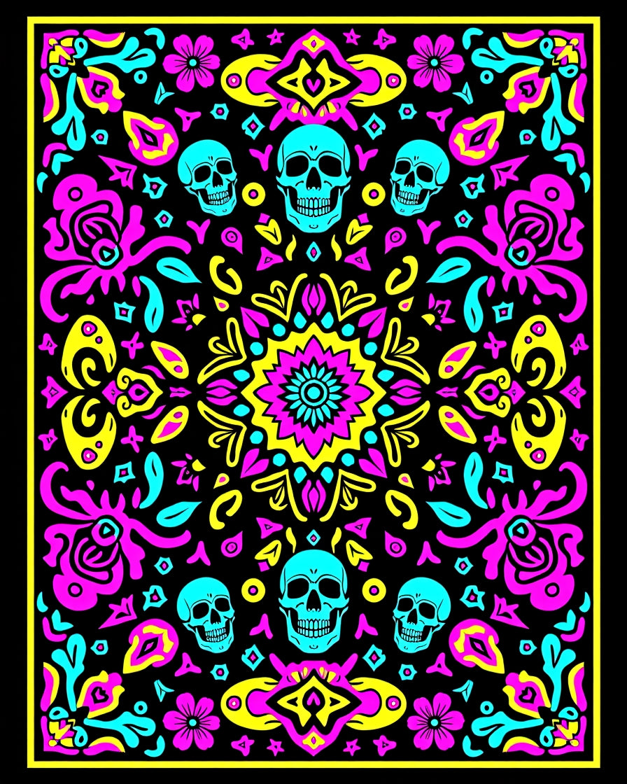 Bright Turquoise Skull Floral Mandala Rug