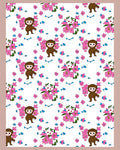 Cute Brown Monkey Pink Floral Meadow Rug