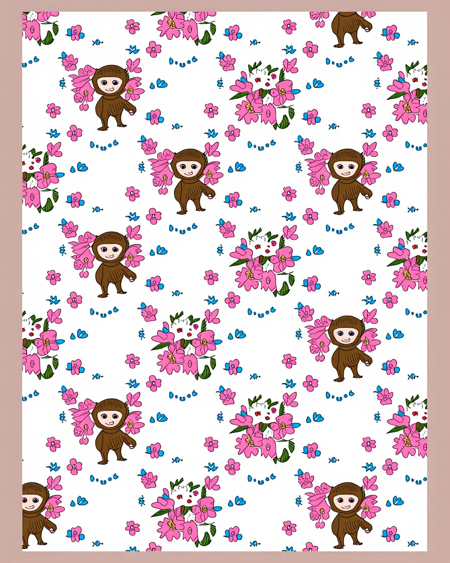 Cute Brown Monkey Pink Floral Meadow Rug