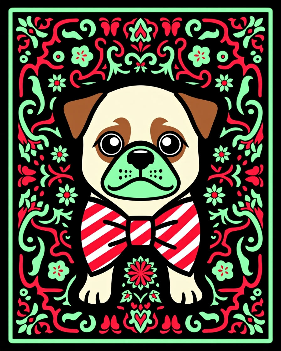 Playful Pug Red Mint Floral Border Rug