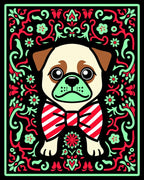Playful Pug Red Mint Floral Border Rug