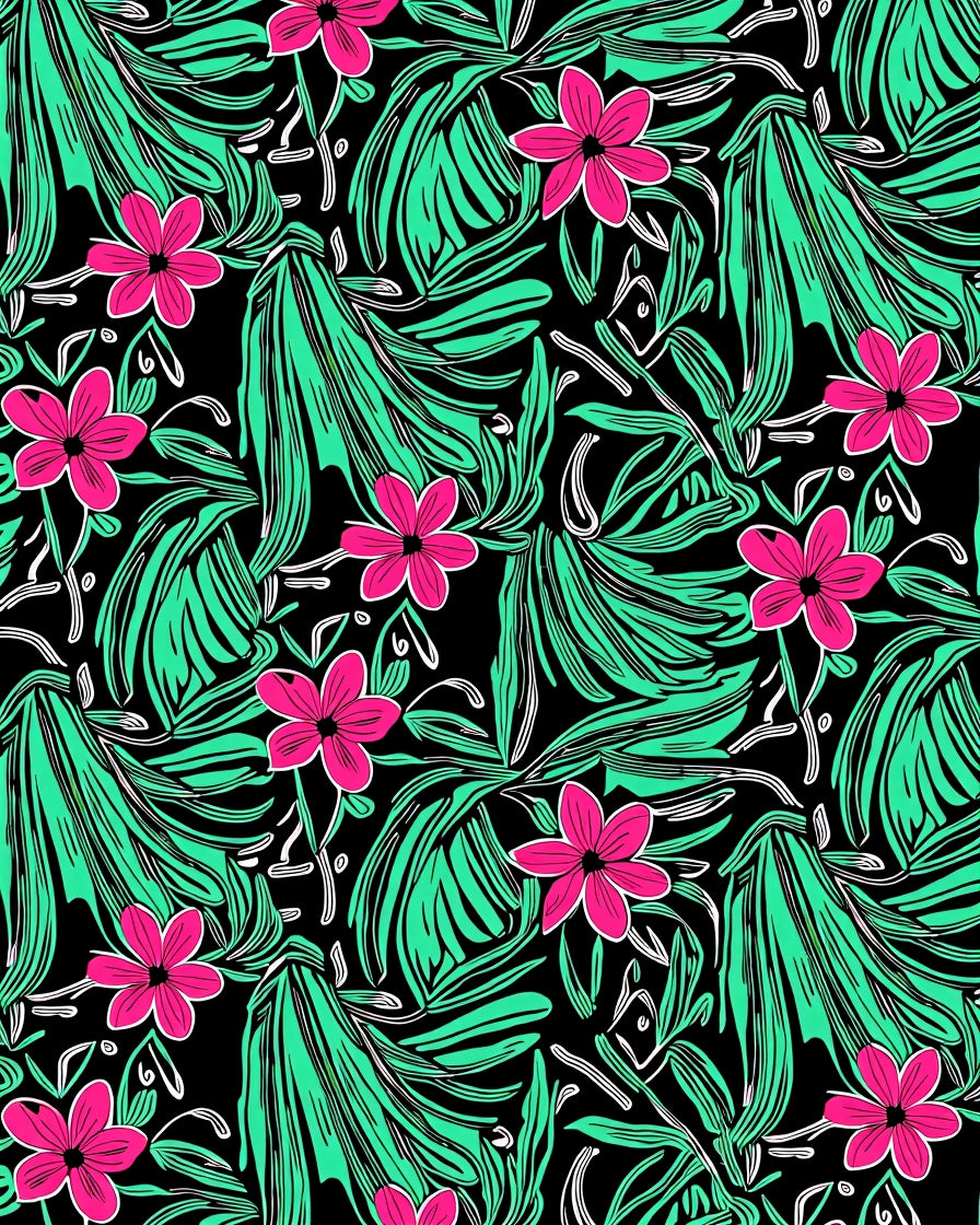 Bold Pink Floral Teal Leaf Black Rug