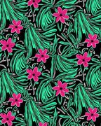 Bold Pink Floral Teal Leaf Black Rug