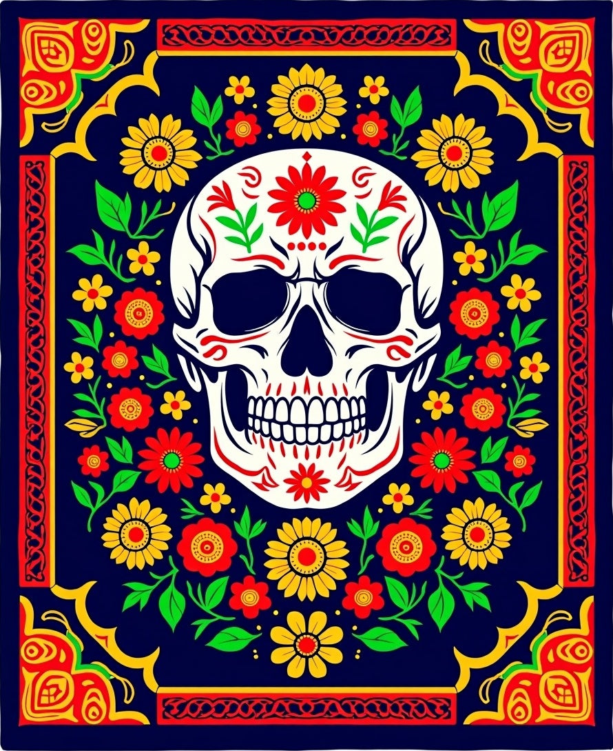 Vibrant Folk Floral Skull Art Rug