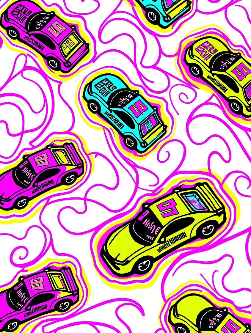 Retro Neon Cars Swirl Background Rug